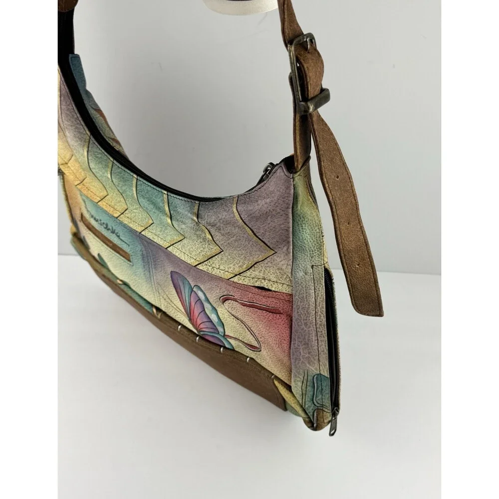 Anuschka Leather Handpainted Butterfly Floral Purse Handbag/Wristlet/Wallet NEW